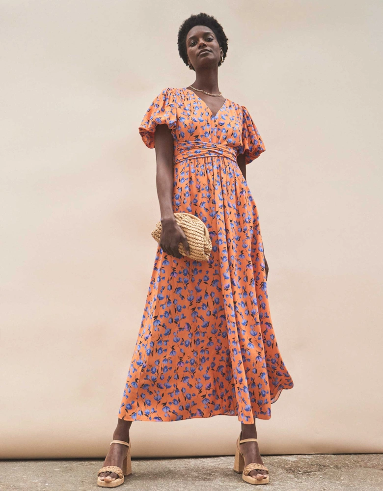 Orange And Blue Floral Puff Sleeve Dress