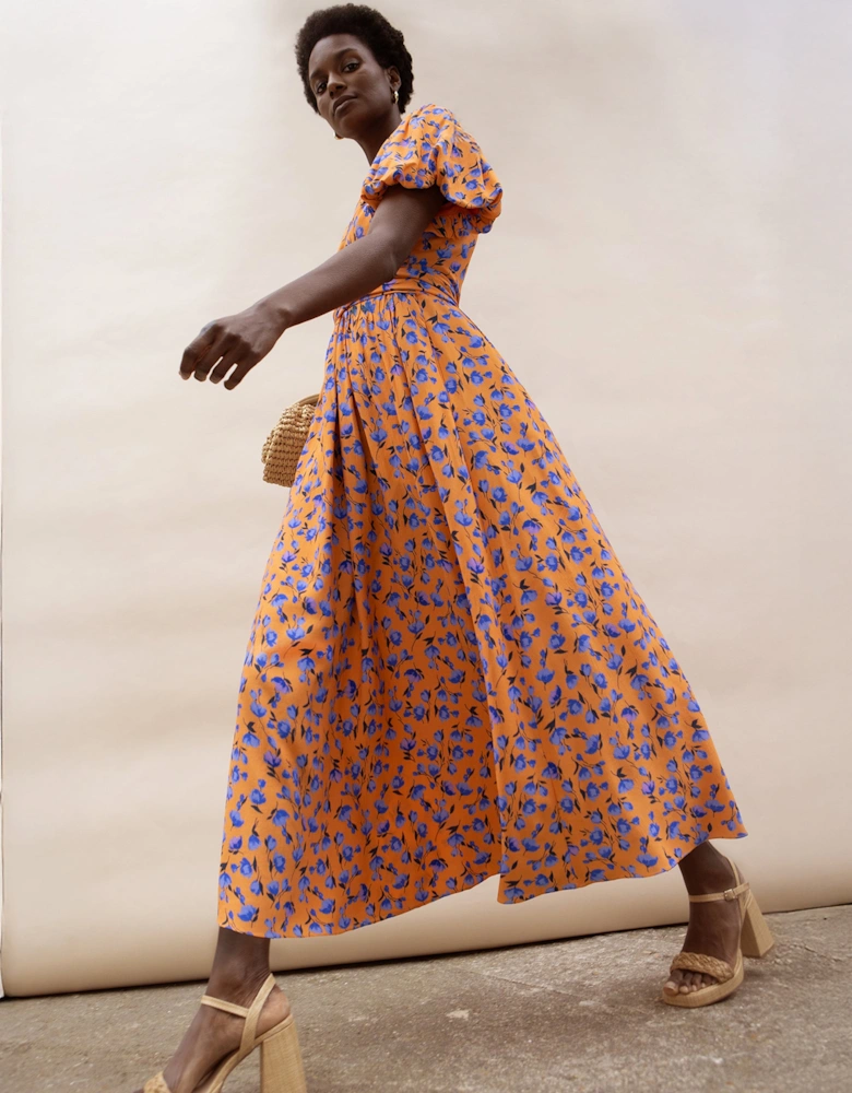 Petite Orange And Blue Floral Puff Sleeve Dress