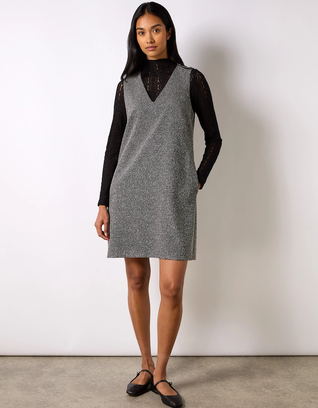 Grey Textured V-Neck Mini Dress