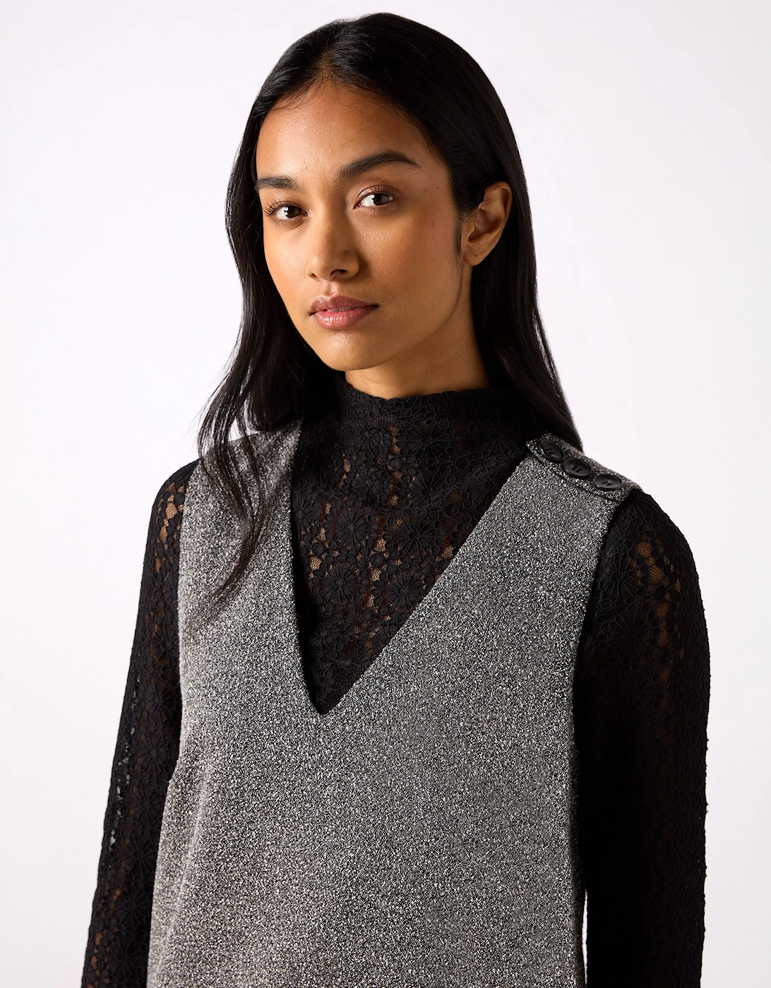 Grey Textured V-Neck Mini Dress