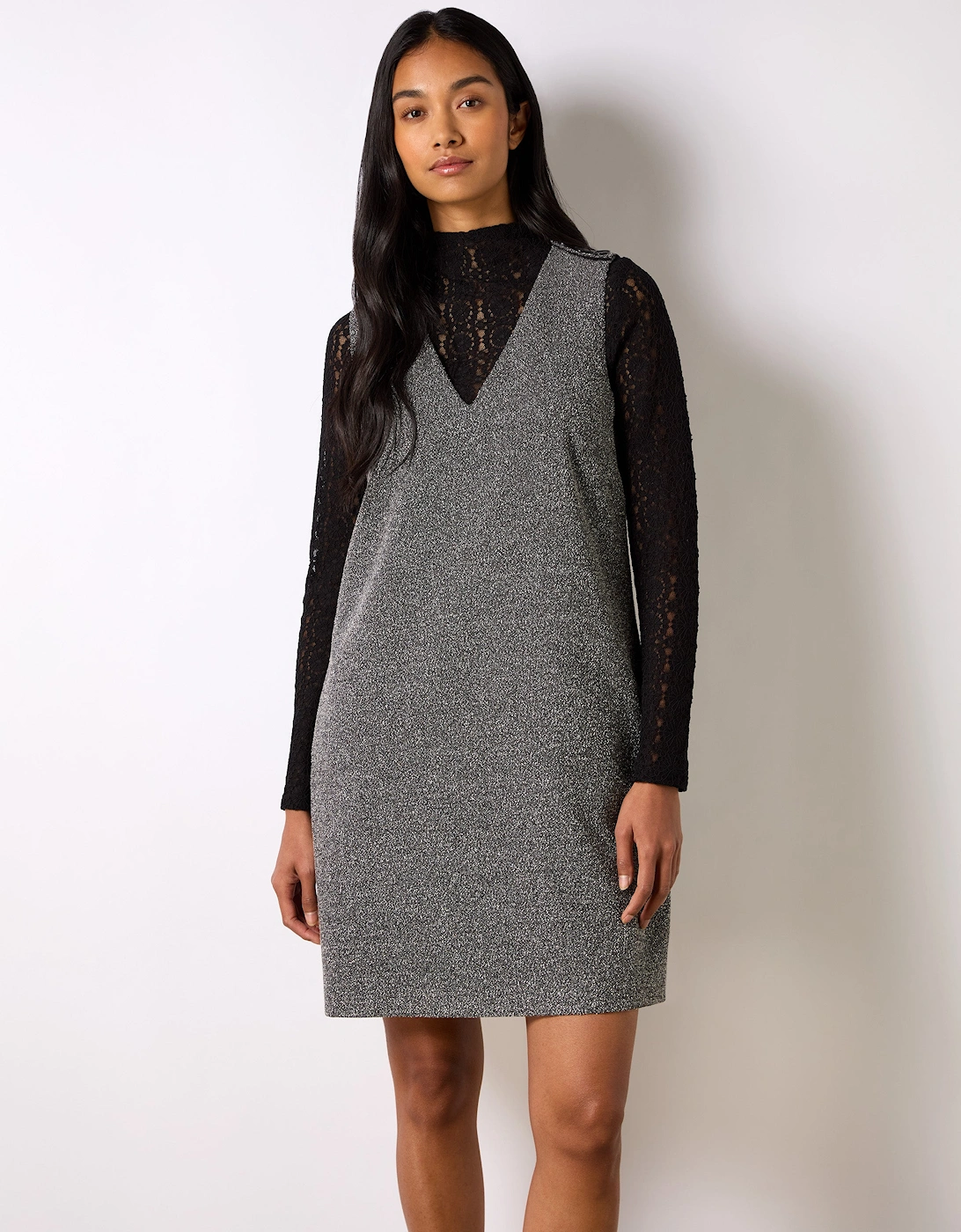 Grey Textured V-Neck Mini Dress