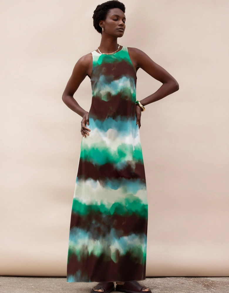 Green Watercolour Print Maxi Dress