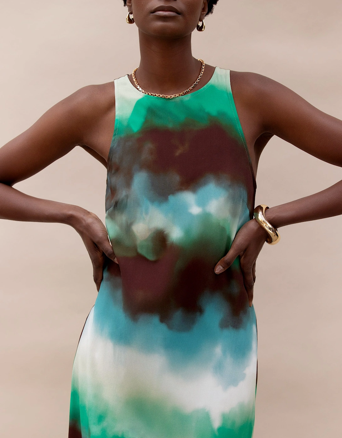 Green Watercolour Print Maxi Dress