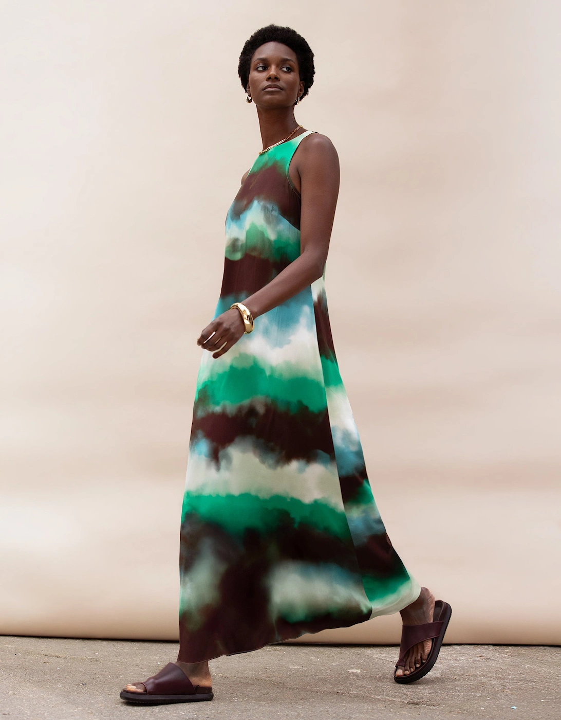 Green Watercolour Print Maxi Dress