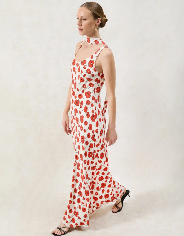 Ella Red Poppy-Print Scarf Detail Maxi Dress