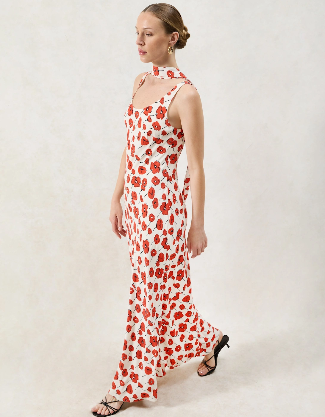 Ella Red Poppy-Print Scarf Detail Maxi Dress