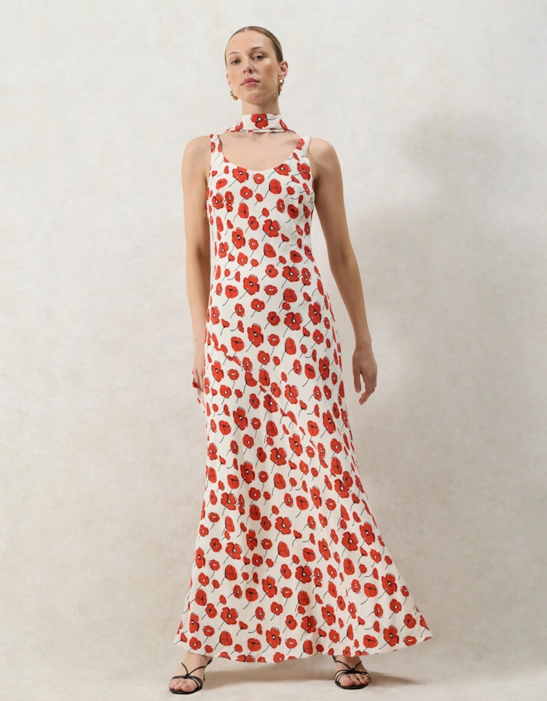 Ella Red Poppy-Print Scarf Detail Maxi Dress