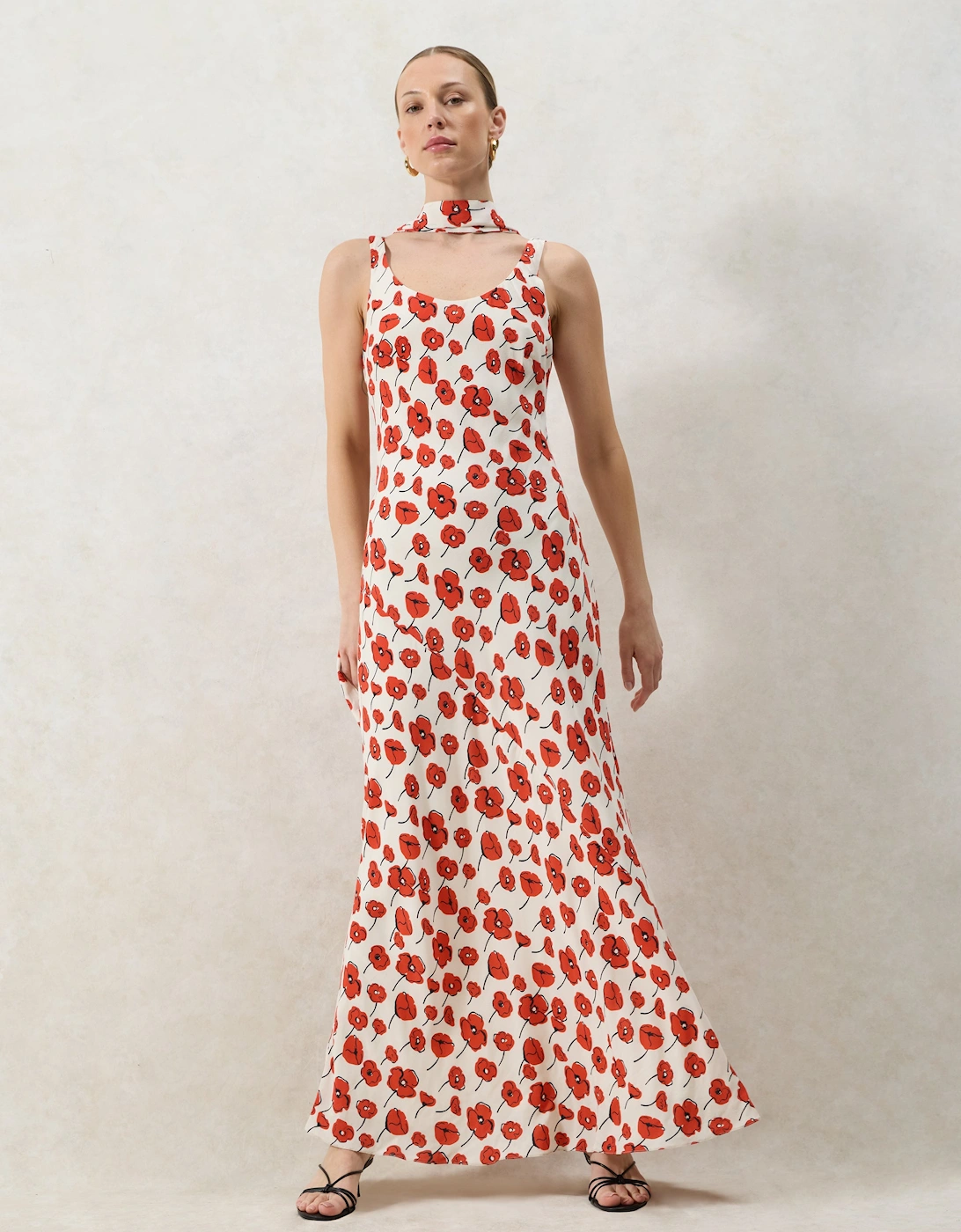 Ella Red Poppy-Print Scarf Detail Maxi Dress