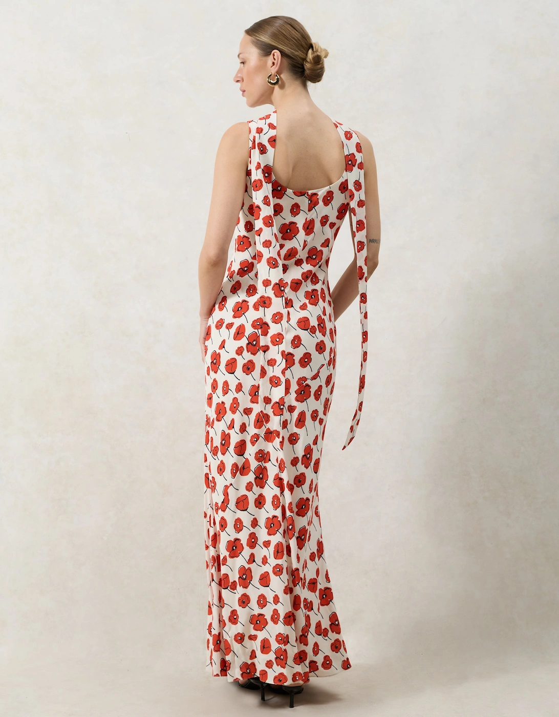 Ella Red Poppy-Print Scarf Detail Maxi Dress