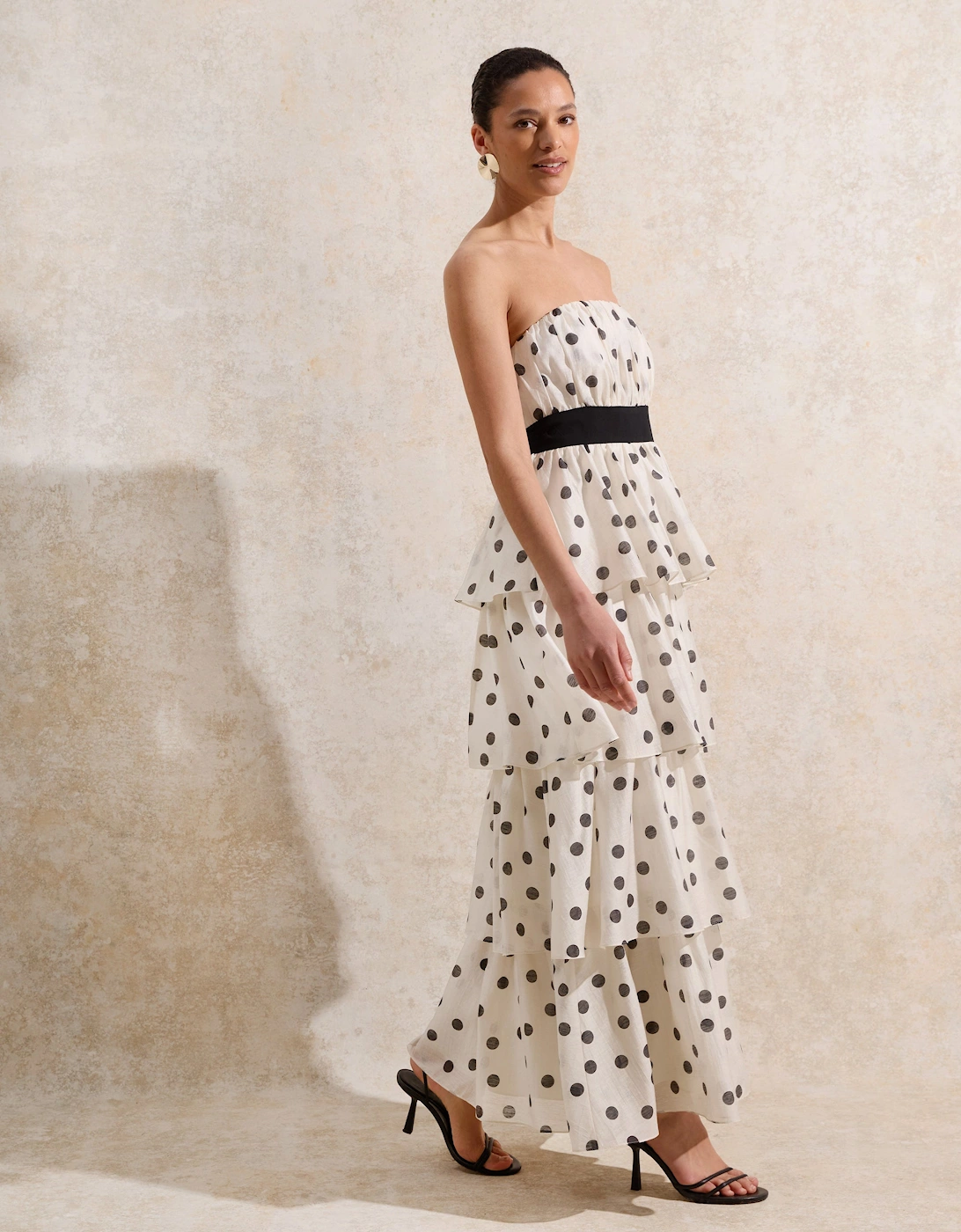 Claudia Black and White Polka Dot-Print Tiered Dress