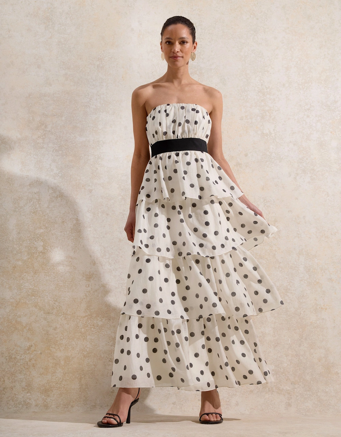 Claudia Black and White Polka Dot-Print Tiered Dress