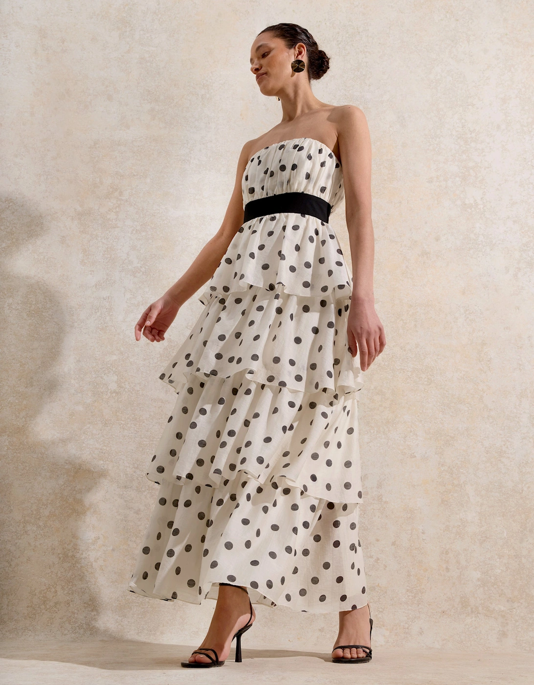 Claudia Black and White Polka Dot-Print Tiered Dress