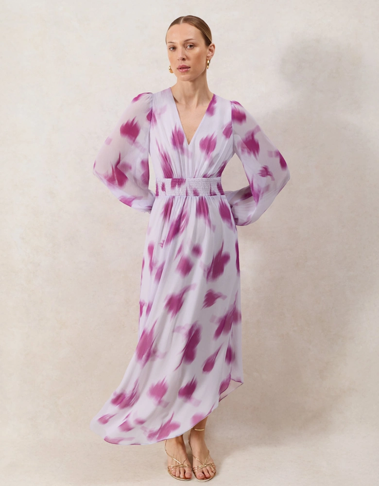 Petite Anya Pink Blurred-Floral Smock-Waist Dress