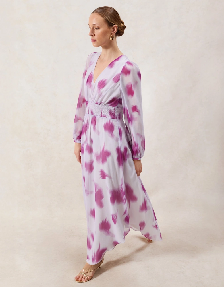 Petite Anya Pink Blurred-Floral Smock-Waist Dress