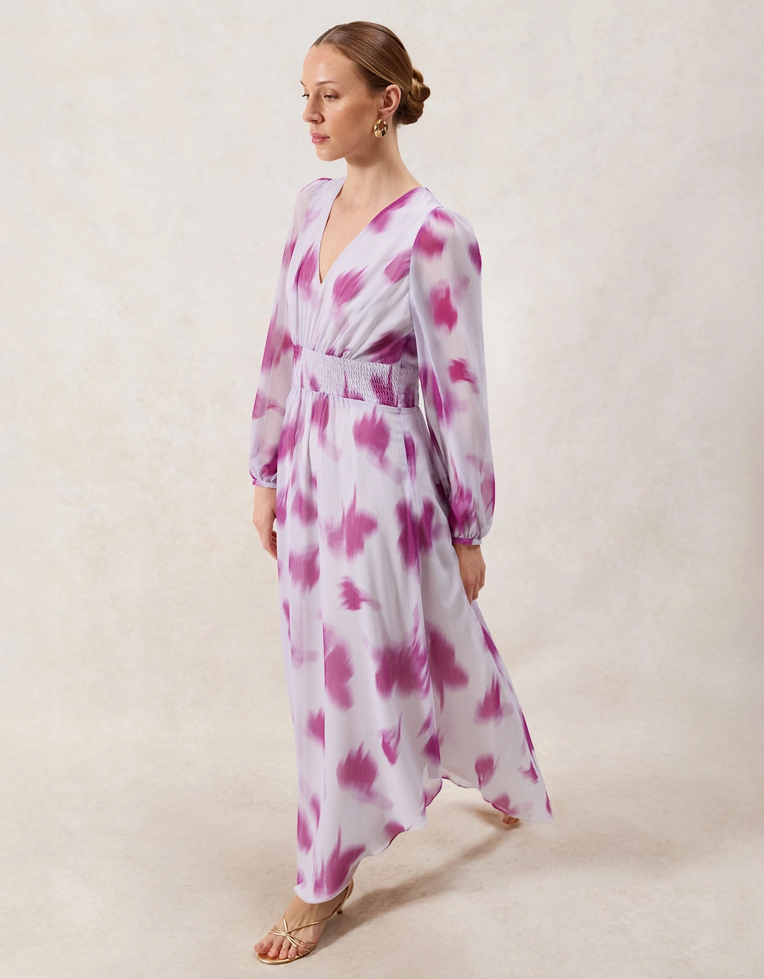 Petite Anya Pink Blurred-Floral Smock-Waist Dress, 5 of 4