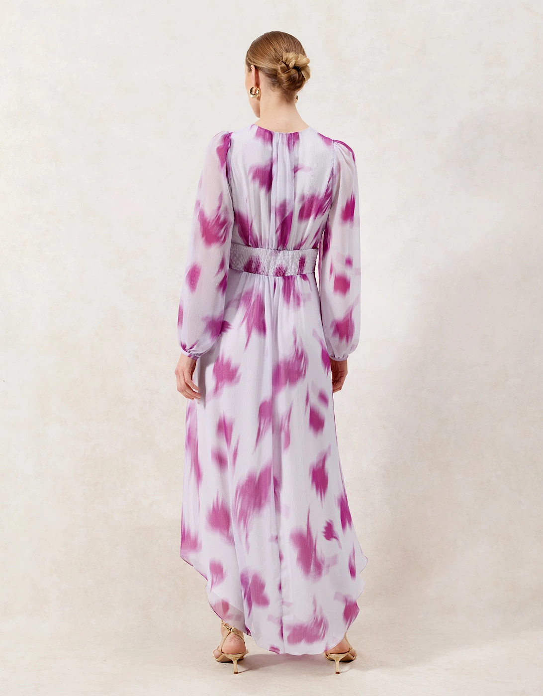Petite Anya Pink Blurred-Floral Smock-Waist Dress