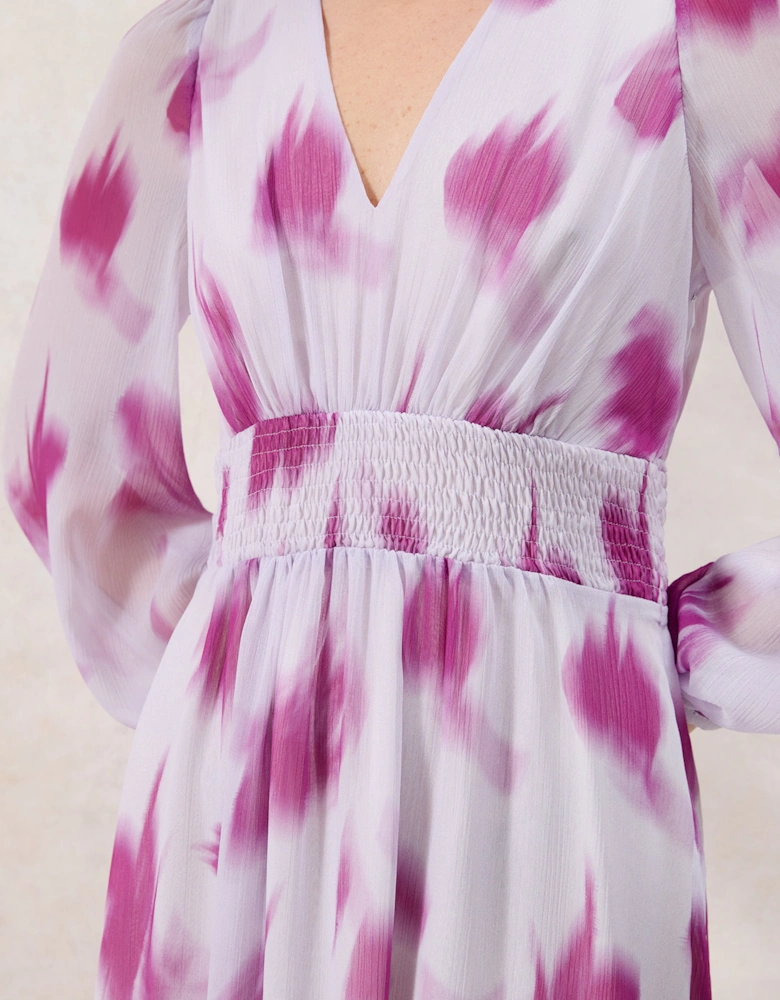 Petite Anya Pink Blurred-Floral Smock-Waist Dress