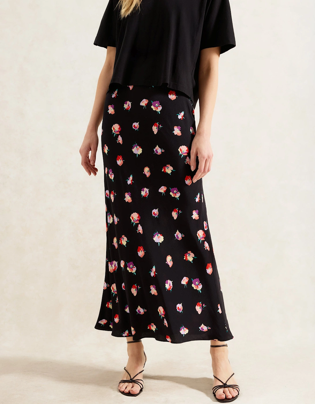 Multi Pansy Print Bias Cut Skirt