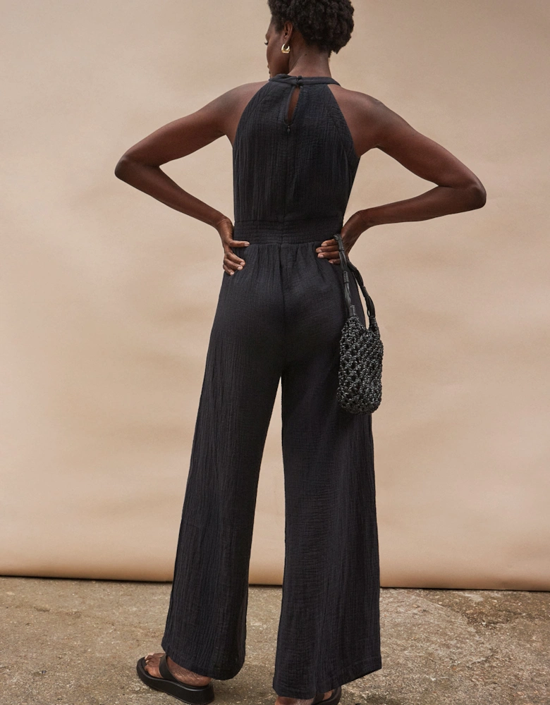 Black Shirred Waist Cheesecloth Jumpsuit