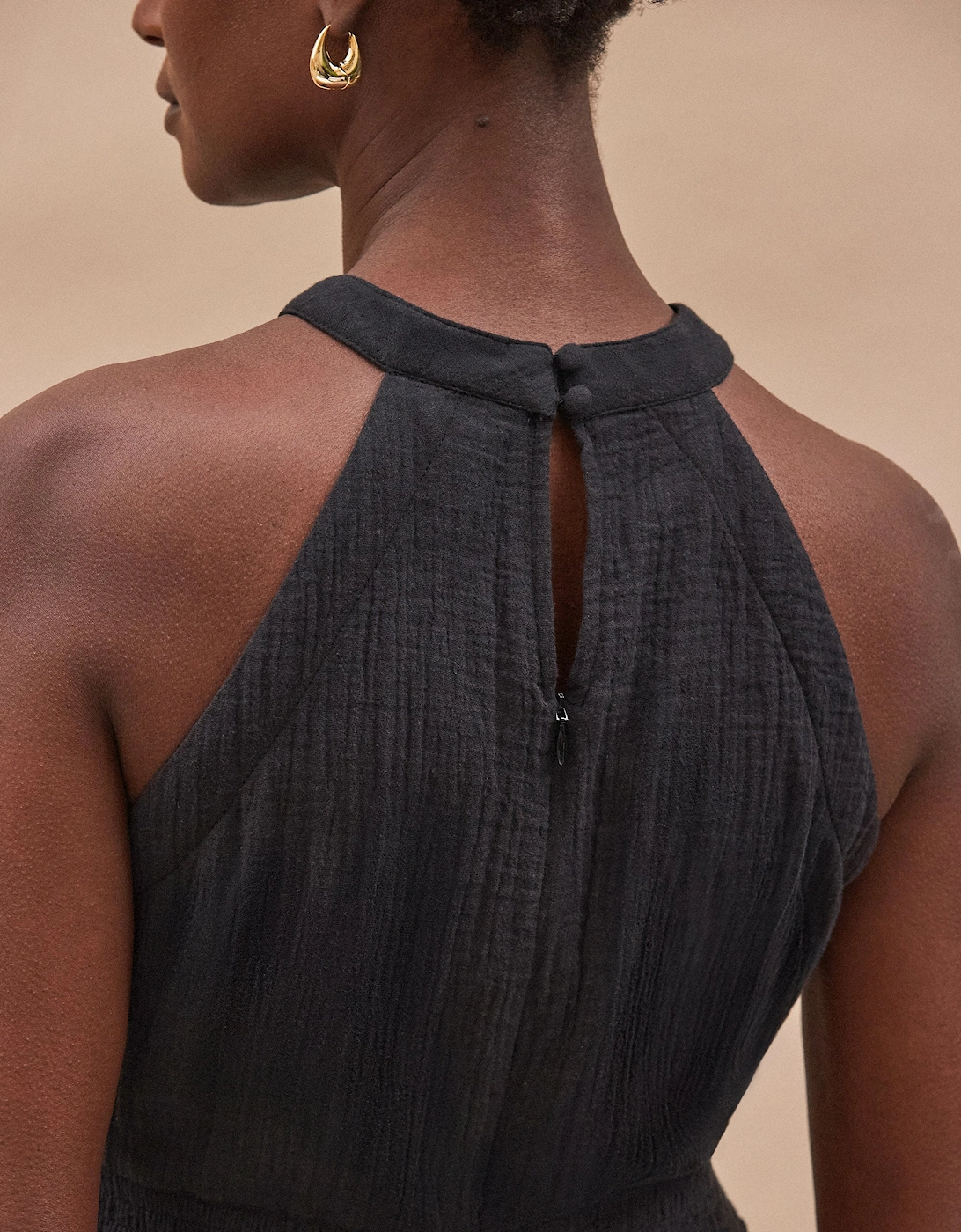 Black Shirred Waist Cheesecloth Jumpsuit