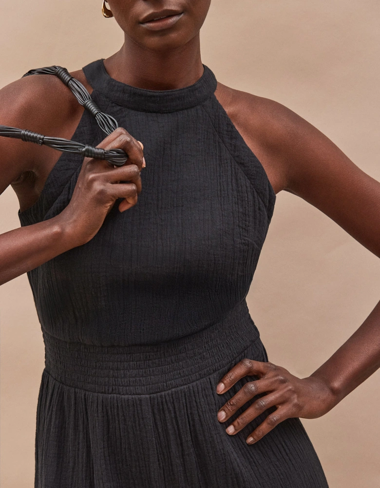 Black Shirred Waist Cheesecloth Jumpsuit