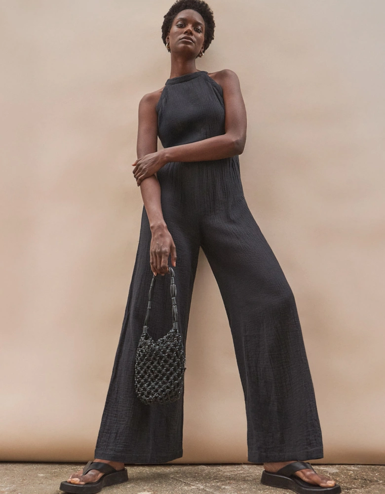 Black Shirred Waist Cheesecloth Jumpsuit