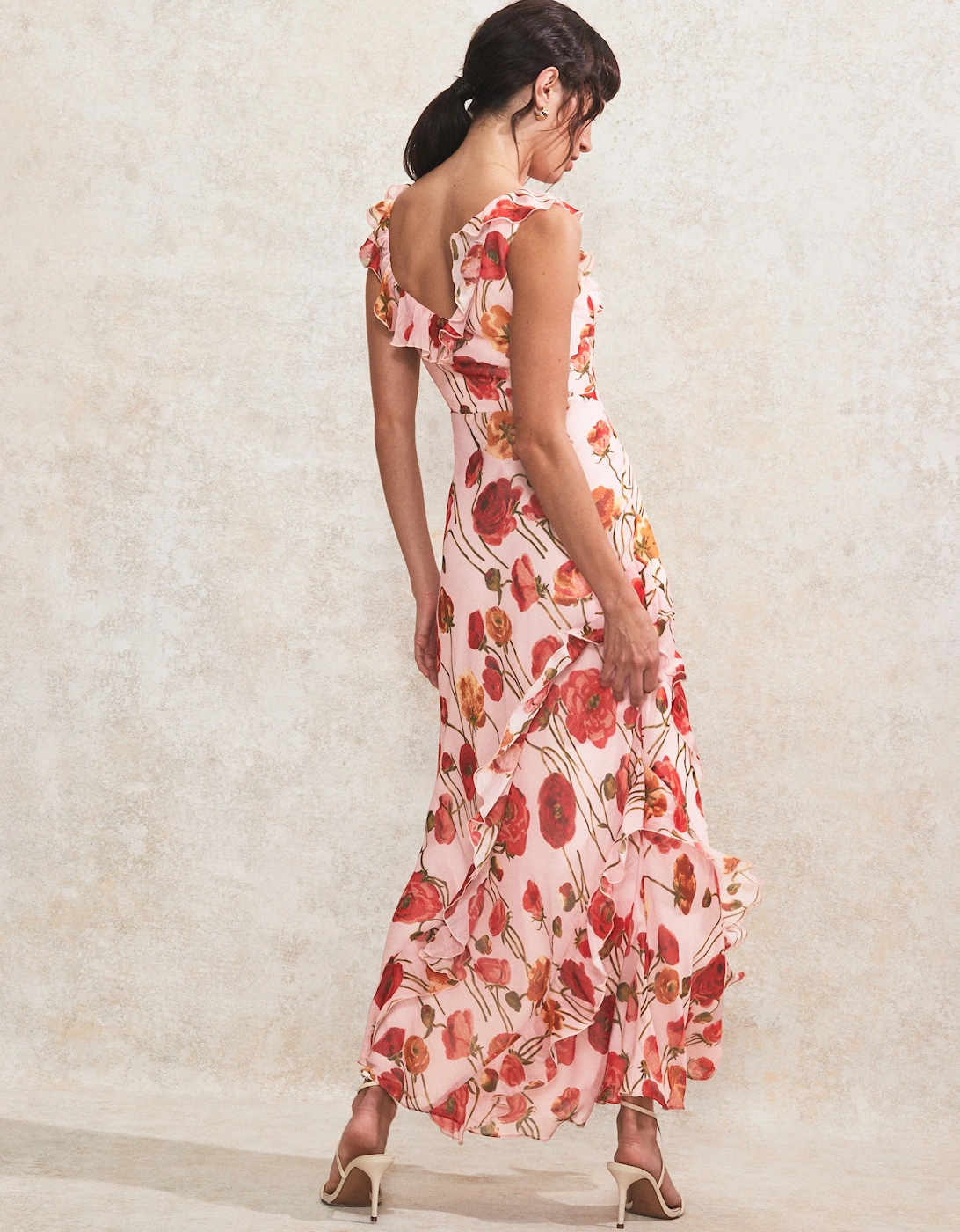 Petite Rosie Pink Poppy-Print Ruffle-Detail Dress