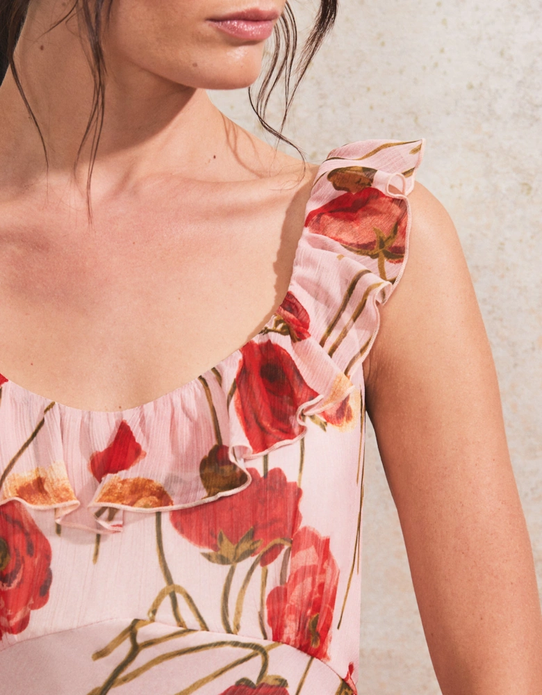 Petite Rosie Pink Poppy-Print Ruffle-Detail Dress