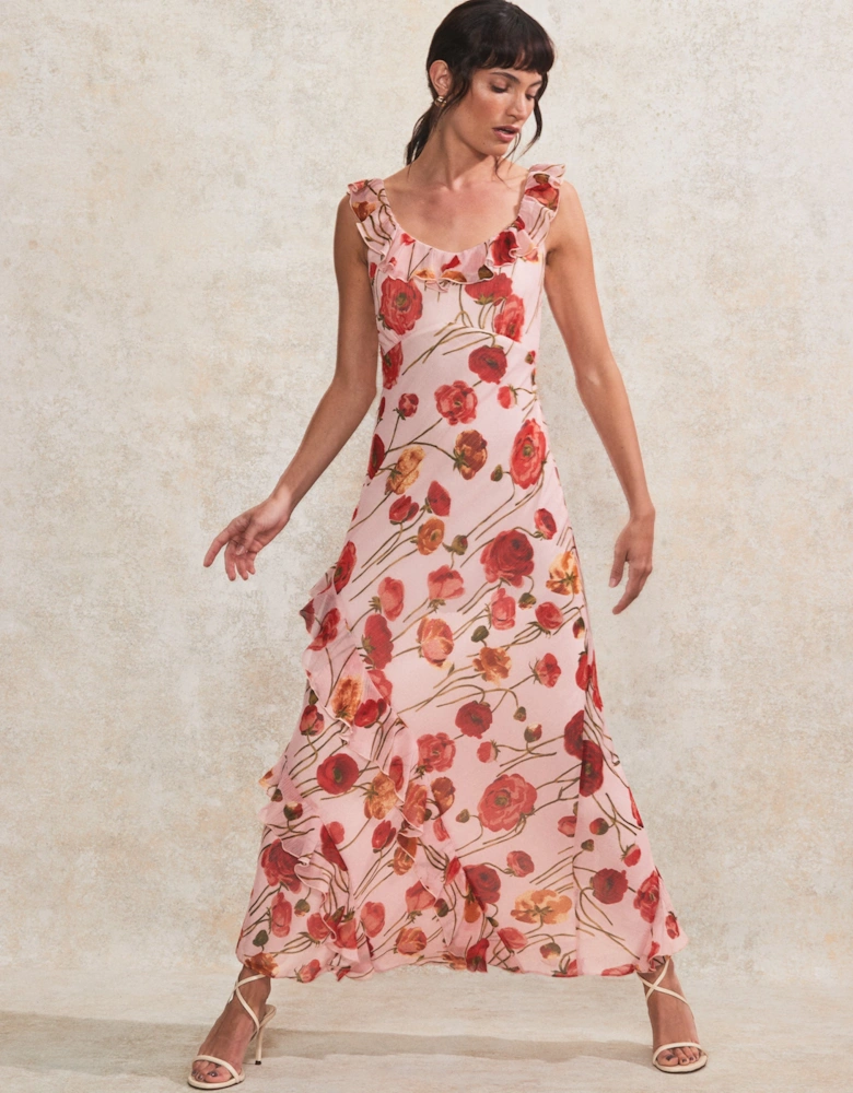 Petite Rosie Pink Poppy-Print Ruffle-Detail Dress