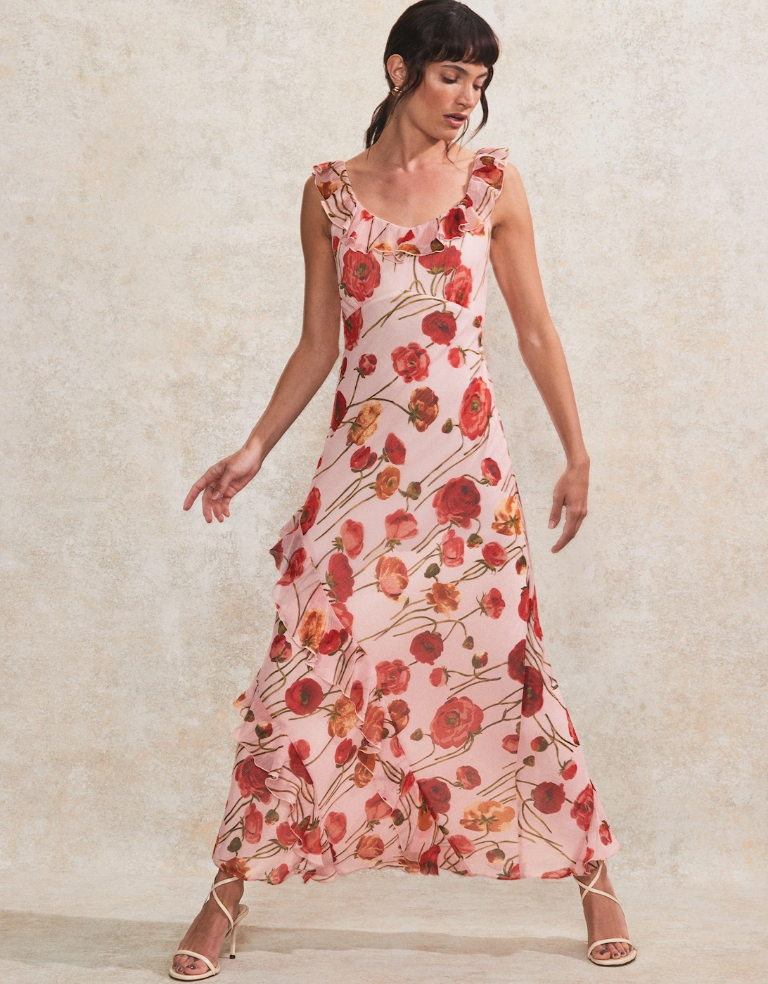 Petite Rosie Pink Poppy-Print Ruffle-Detail Dress