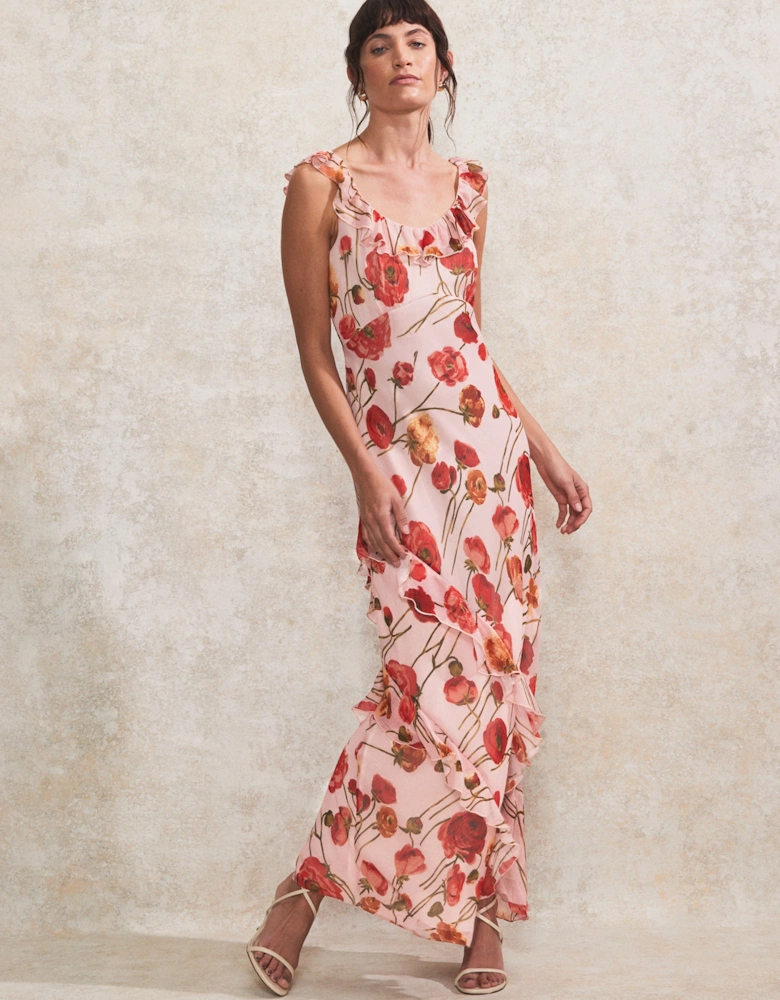 Petite Rosie Pink Poppy-Print Ruffle-Detail Dress