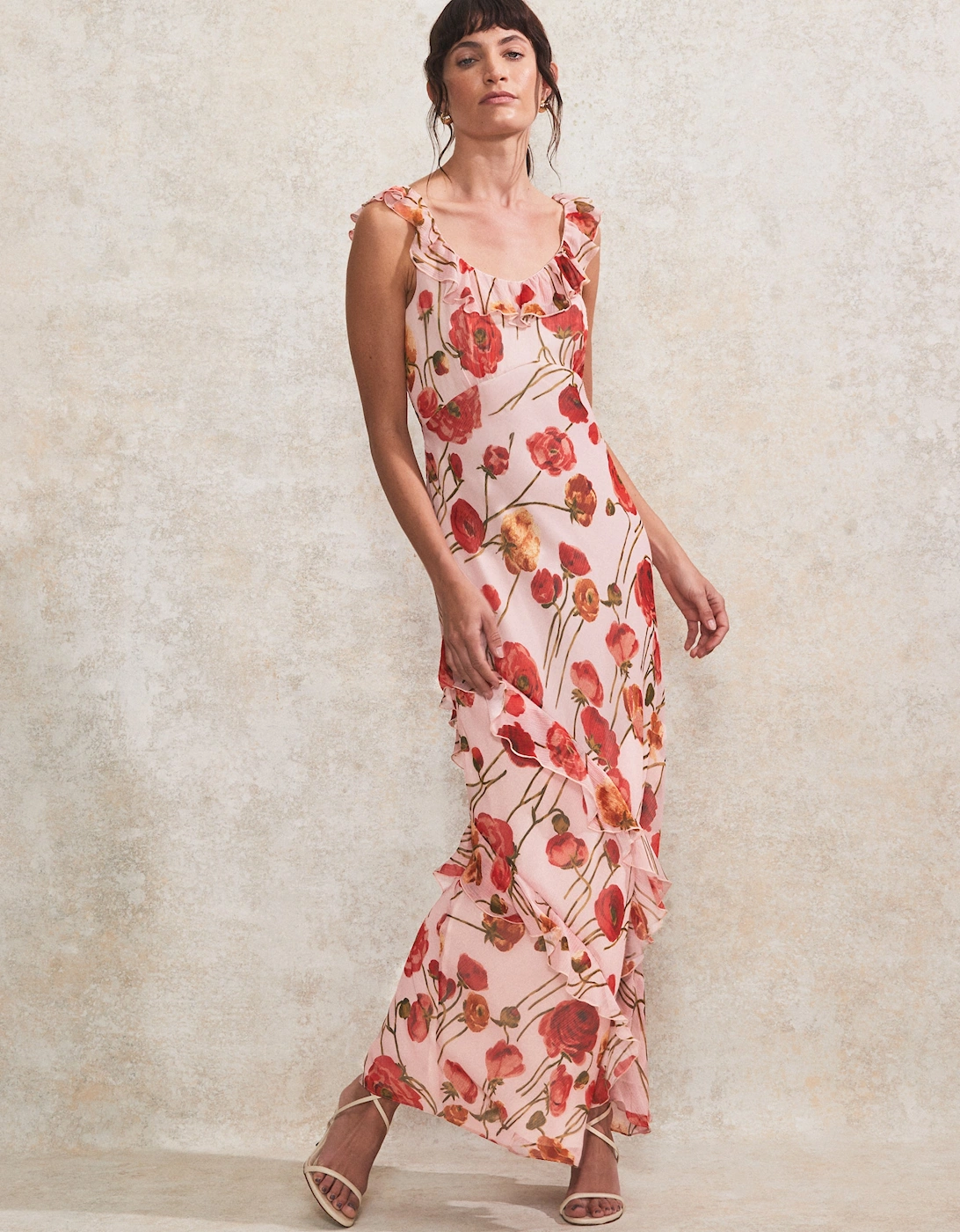 Petite Rosie Pink Poppy-Print Ruffle-Detail Dress