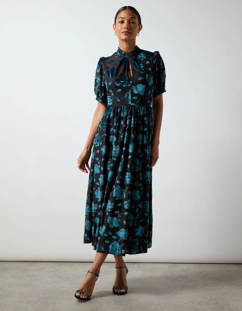 Erin Teal Floral Jersey Burnout Midi Dress