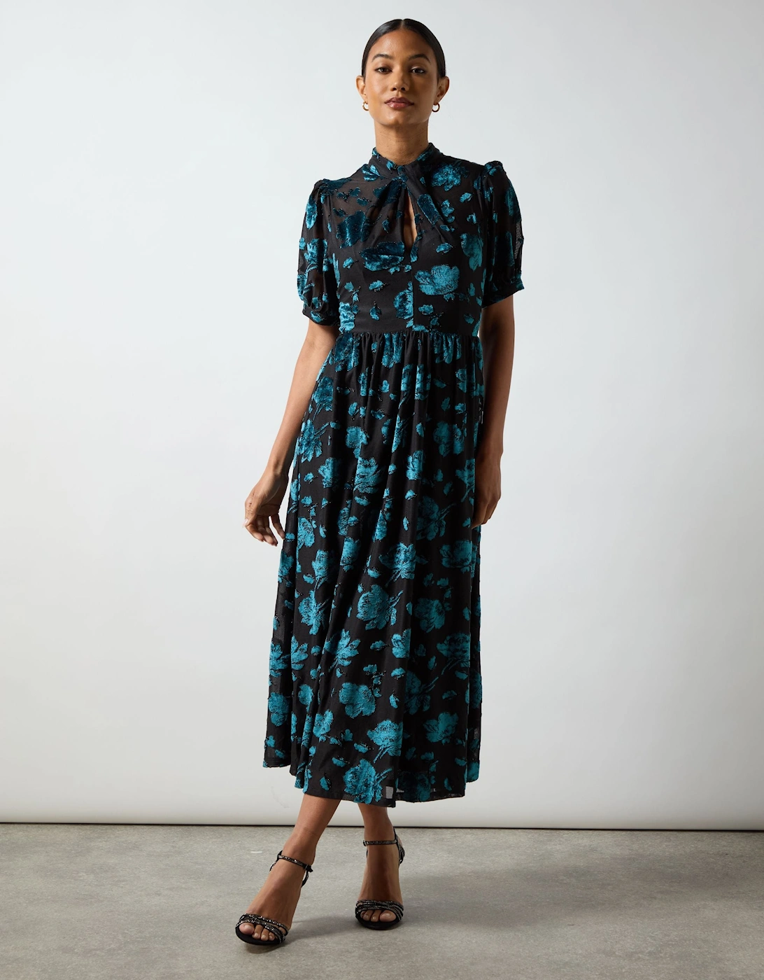 Erin Teal Floral Jersey Burnout Midi Dress