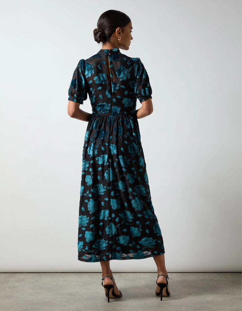 Erin Teal Floral Jersey Burnout Midi Dress