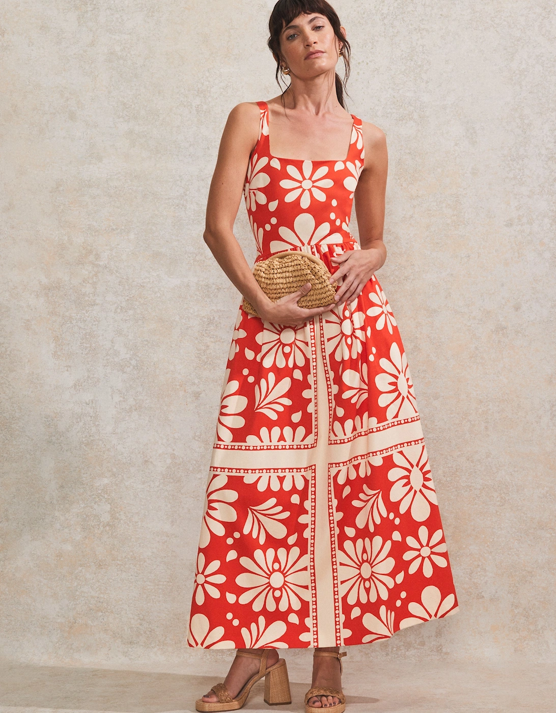 Raya Red Floral-Print Square-Neck Cotton Dress