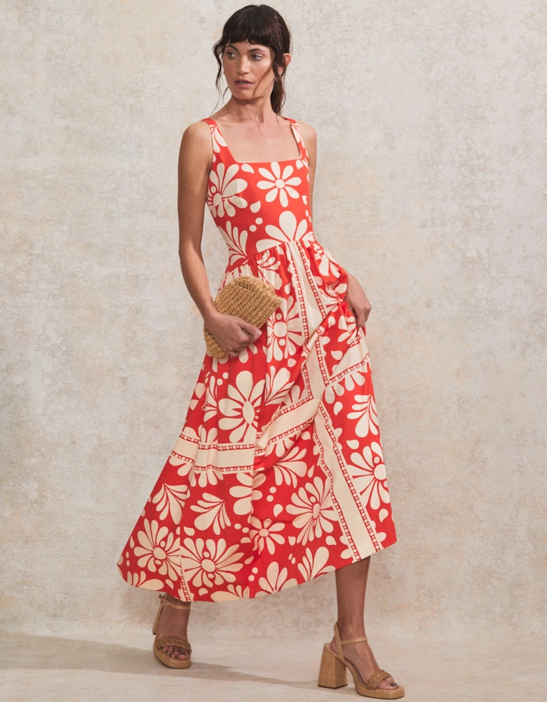 Raya Red Floral-Print Square-Neck Cotton Dress