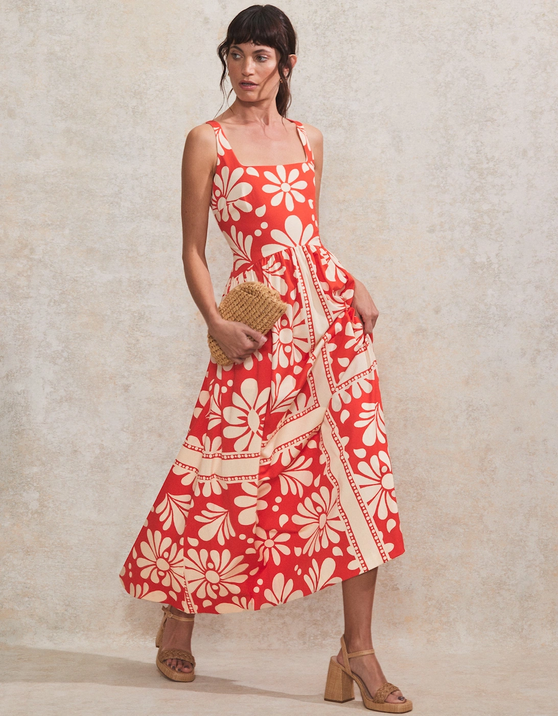 Raya Red Floral-Print Square-Neck Cotton Dress