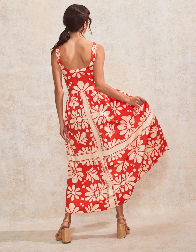 Raya Red Floral-Print Square-Neck Cotton Dress