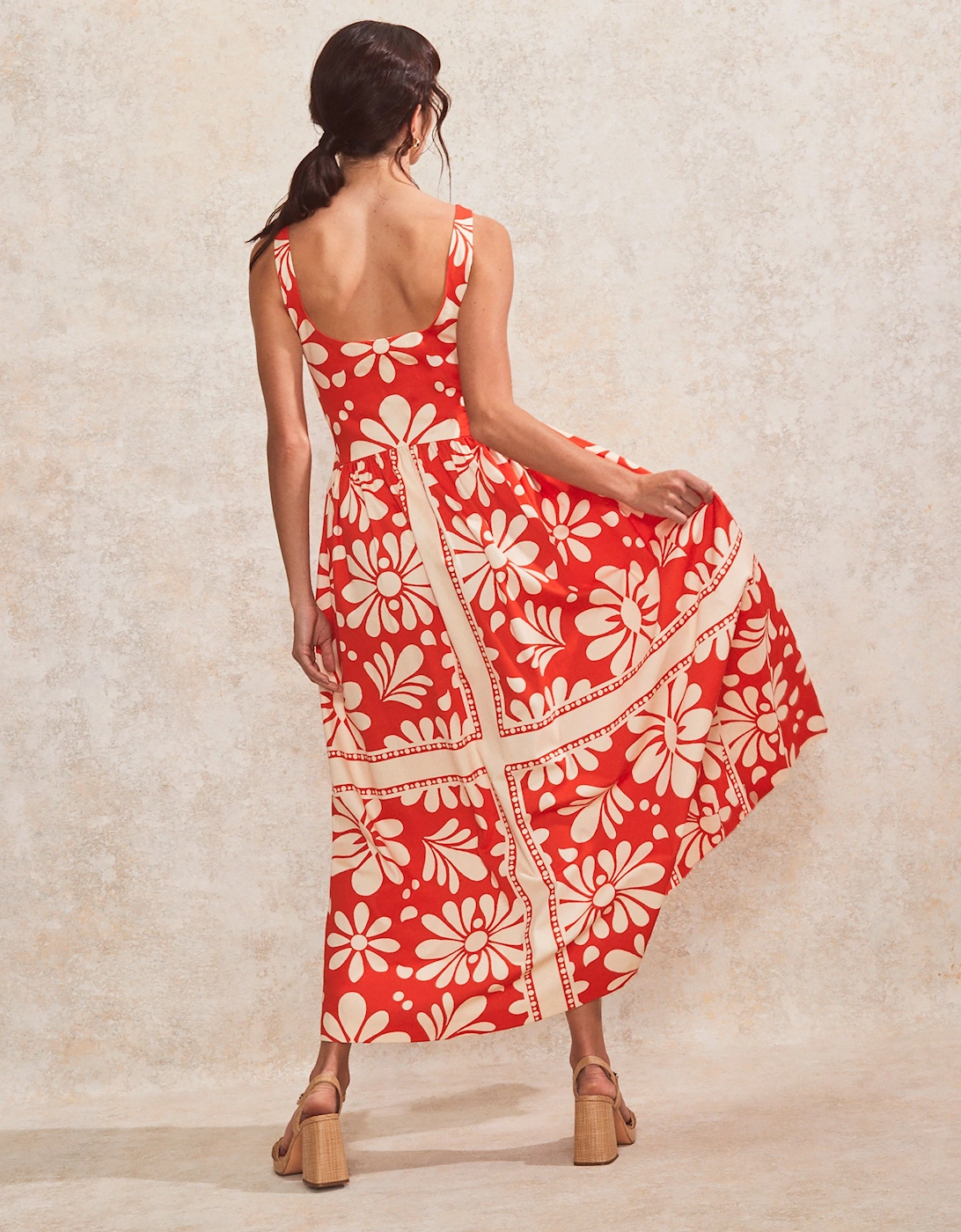 Raya Red Floral-Print Square-Neck Cotton Dress