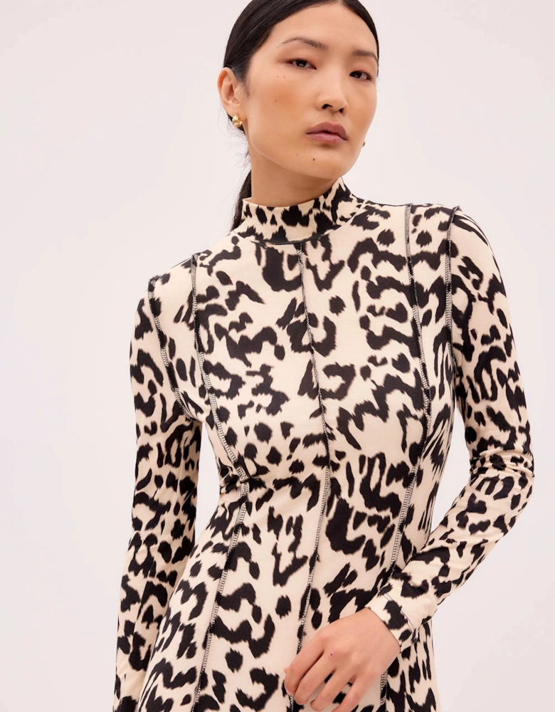 Leopard-Print Jersey Turtleneck Maxi Dress