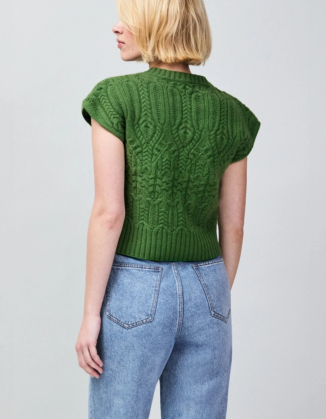 Green Cable Knit Wool Cap Sleeve Jumper