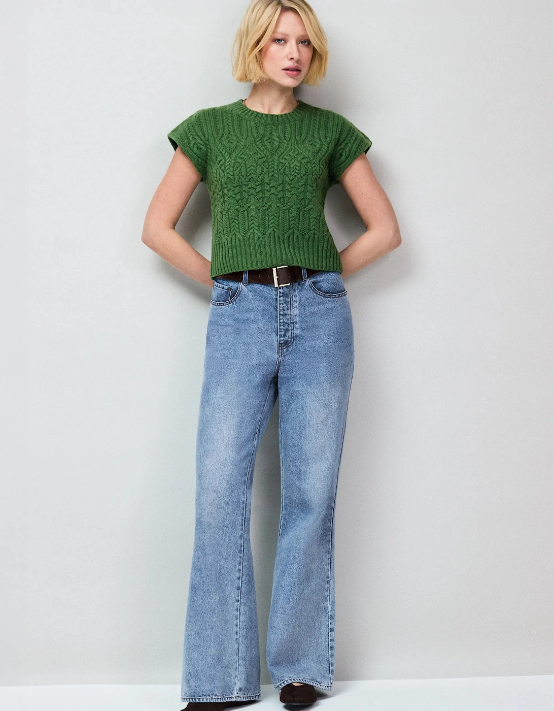 Green Cable Knit Wool Cap Sleeve Jumper