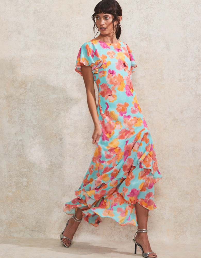 Hazel Blue And Pink Floral-Print Frill-Sleeve Dress