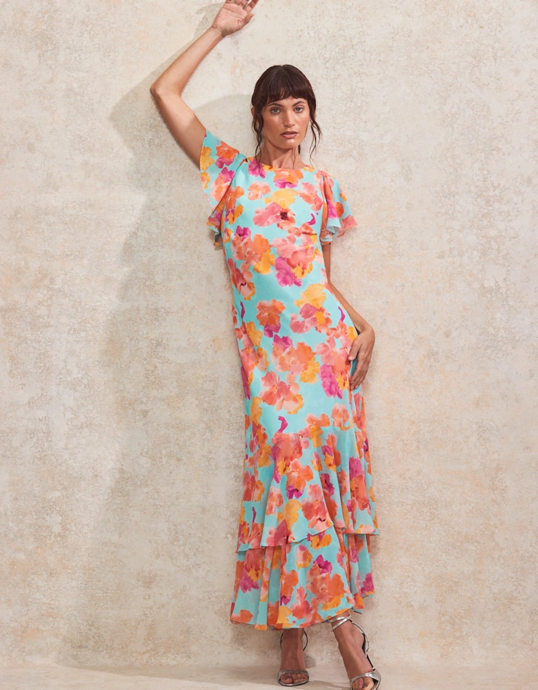 Hazel Blue And Pink Floral-Print Frill-Sleeve Dress