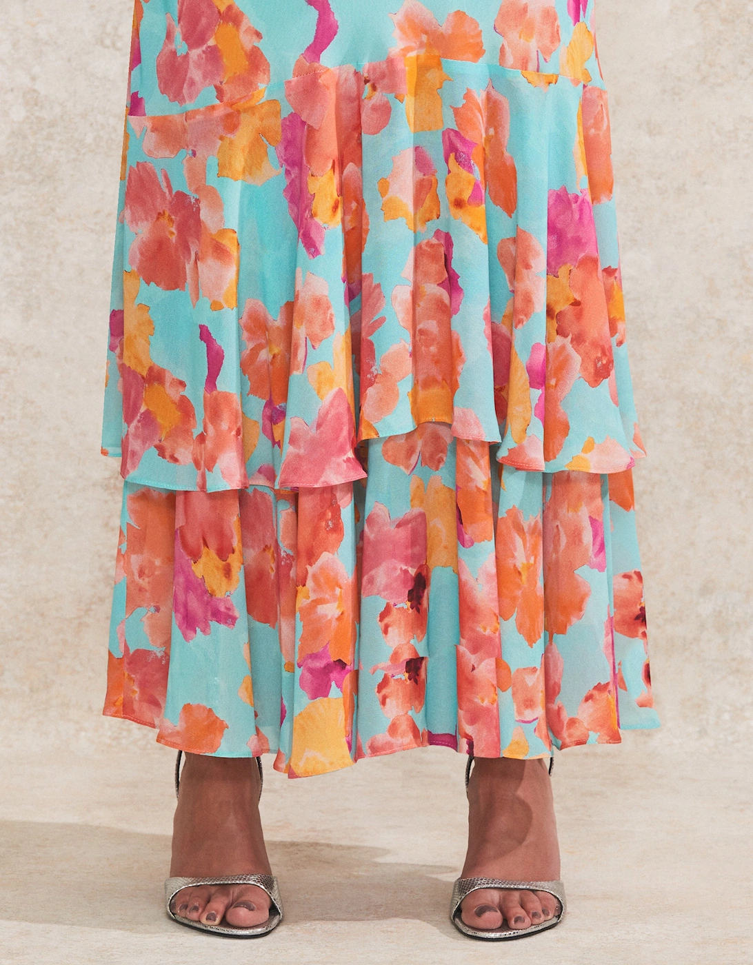 Hazel Blue And Pink Floral-Print Frill-Sleeve Dress