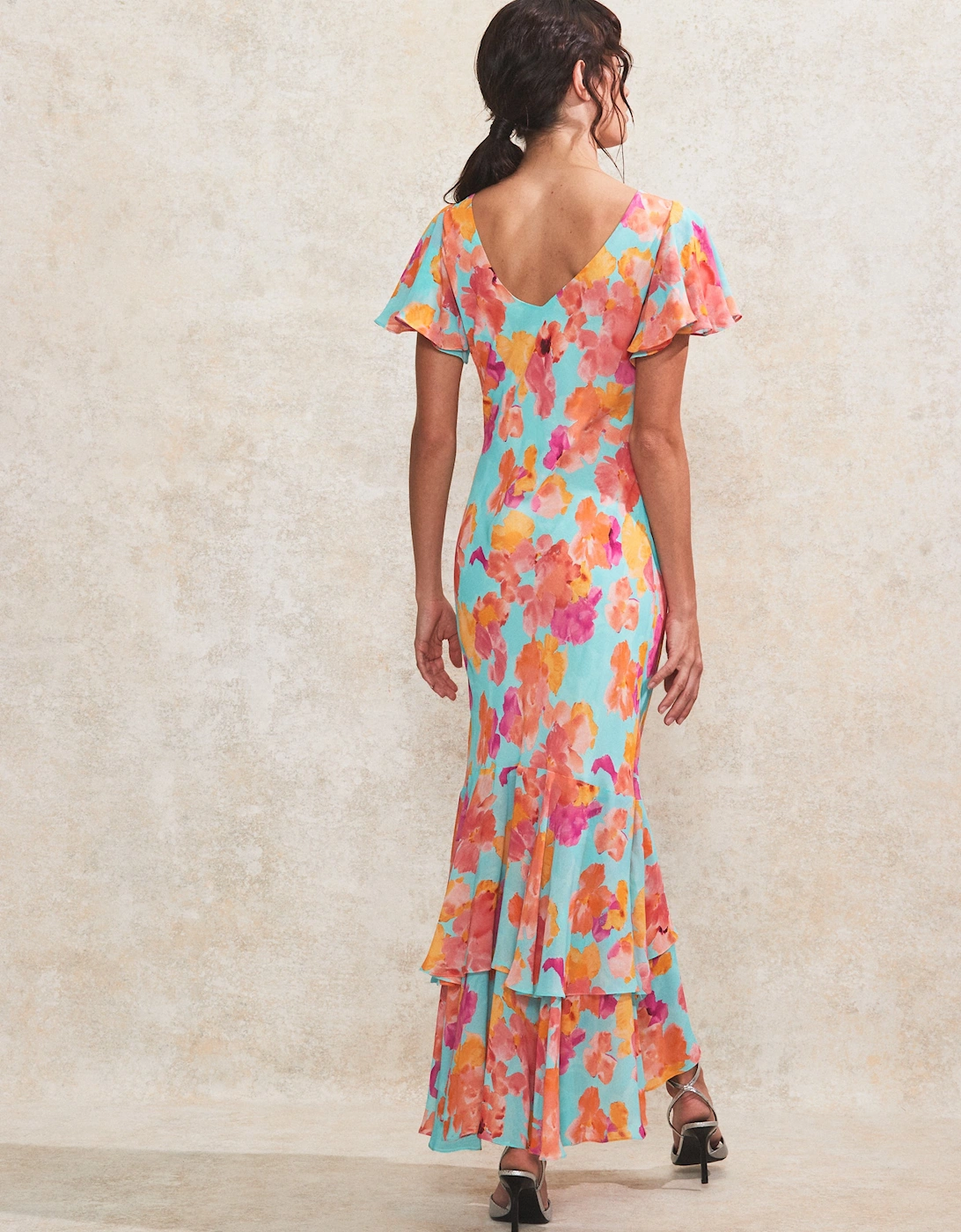 Hazel Blue And Pink Floral-Print Frill-Sleeve Dress