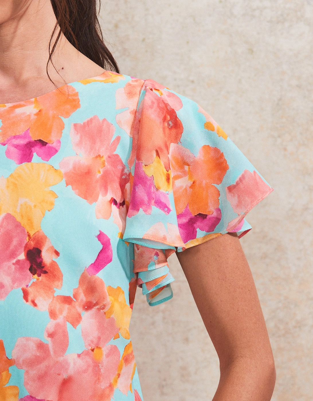 Hazel Blue And Pink Floral-Print Frill-Sleeve Dress