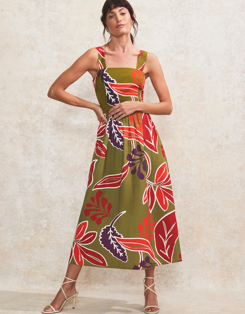 Olive Leaf-Print Cotton Dress