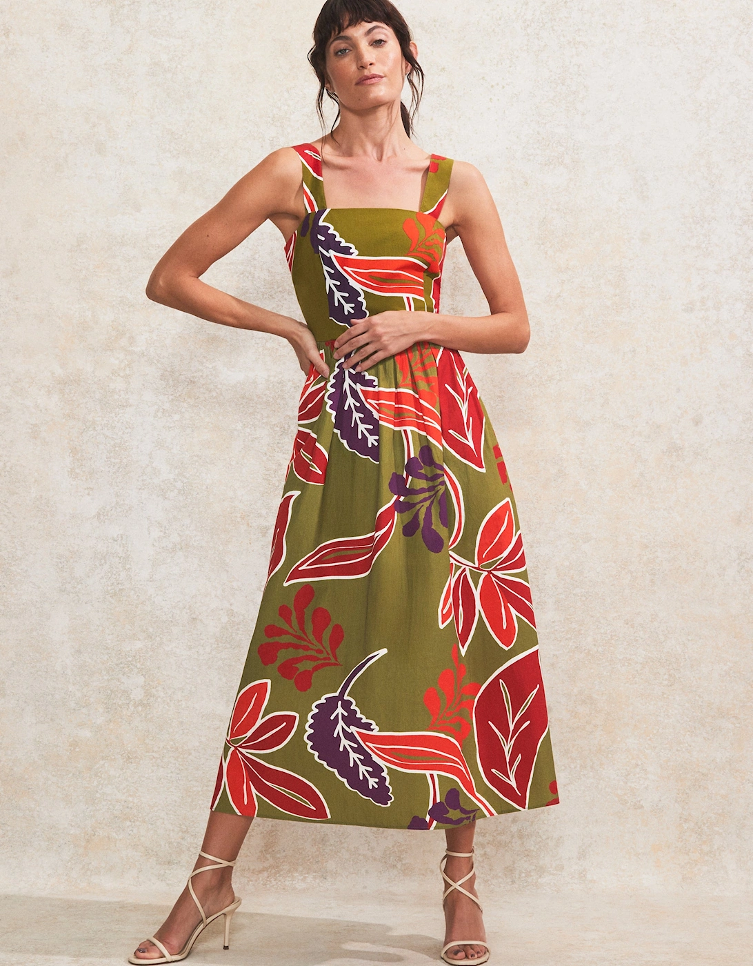 Olive Leaf-Print Cotton Dress